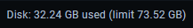 Docker Desktop disk usage before resizing the internal partition; limit 73.52 GB