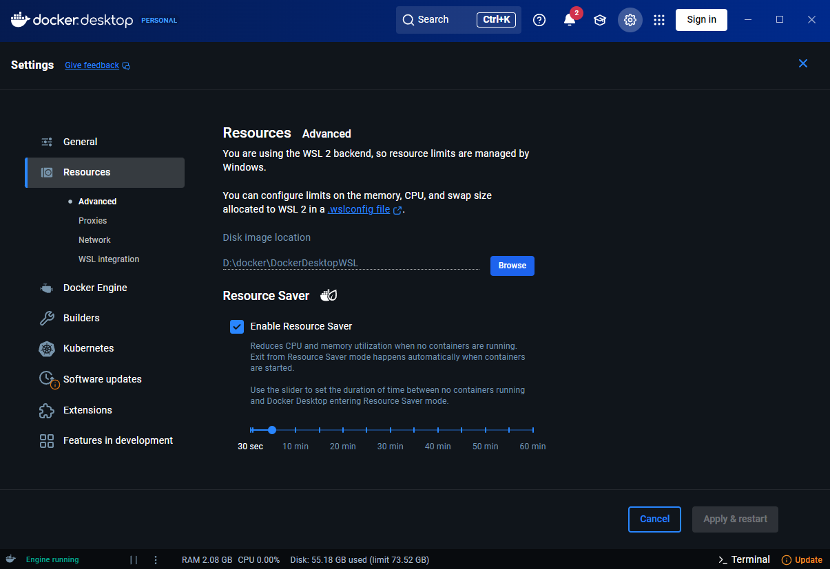 Docker Desktop resources settings