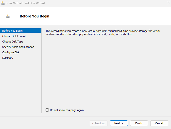 Setup wizard starting page for creating a new hard disk