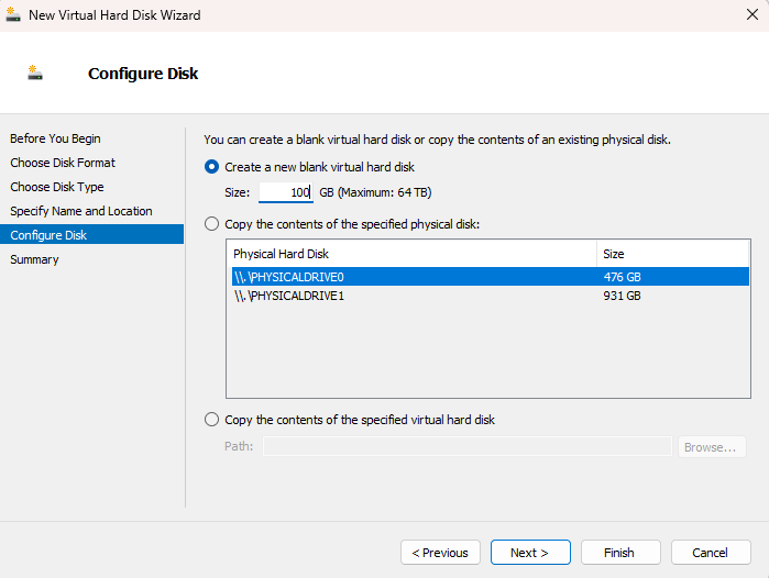 Configure the size of the new hard disk