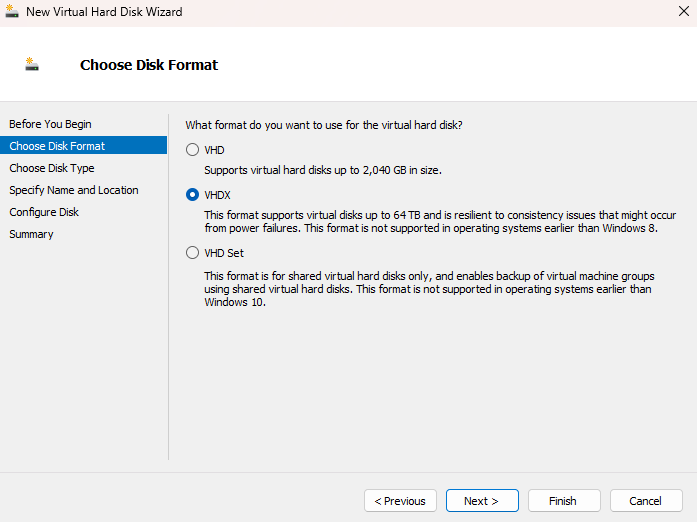 Select VHDX format for the new hard disk