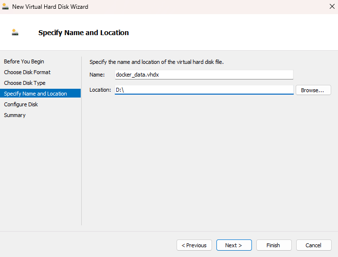 Specify the location for the new hard disk