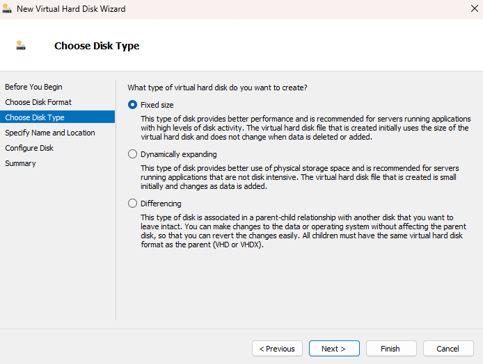 Select fixed size for the new hard disk