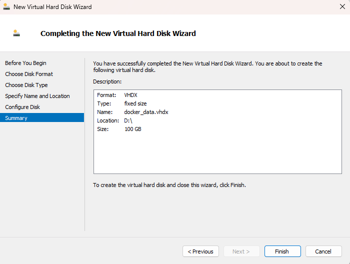 Summary of the new hard disk creation