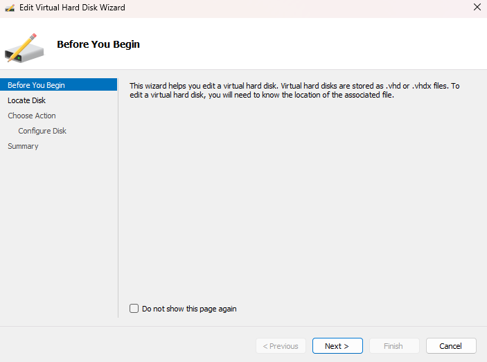 Setup wizard starting page for editing a hard disk