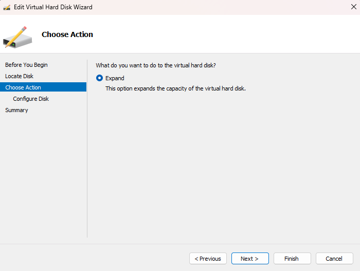 Action to expand the VHDX disk in the setup wizard