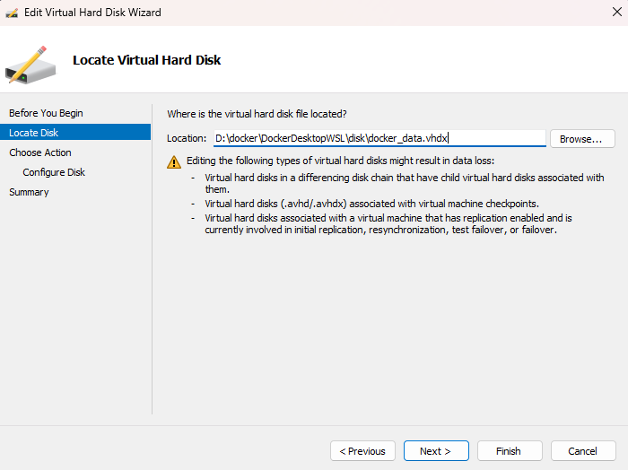 Locating the VHDX disk in the setup wizard