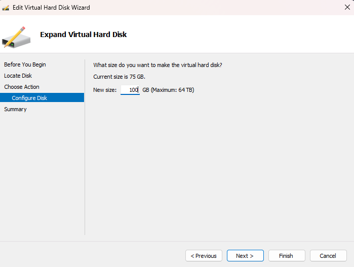 Specifying the new size for the VHDX disk