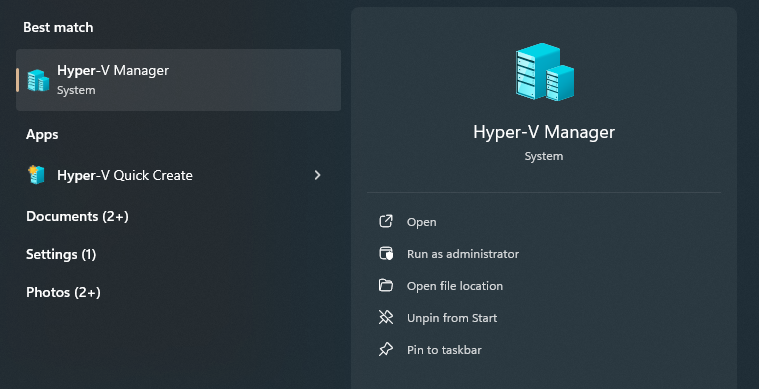 Hyper-V Manager search in Windows