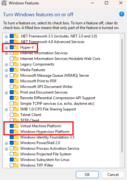 Turn WIndows features on or off - Hyper-V, Windows Hypervisor Platform, Virtual Machine Platform selected
